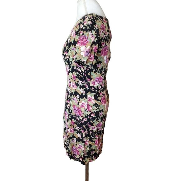 Vintage 90s Black Pink Floral Casual Dress Roses Size 6 8 Rayon Knee‎ Length - Picture 5 of 11